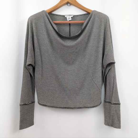 For The Republic Draped Scoop Neck Striped Top Wide Cuffs Stretchy Knit Gray M - Picture 1 of 12